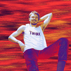 Person wearing a 'Twink' tank top against a red and orange abstract background