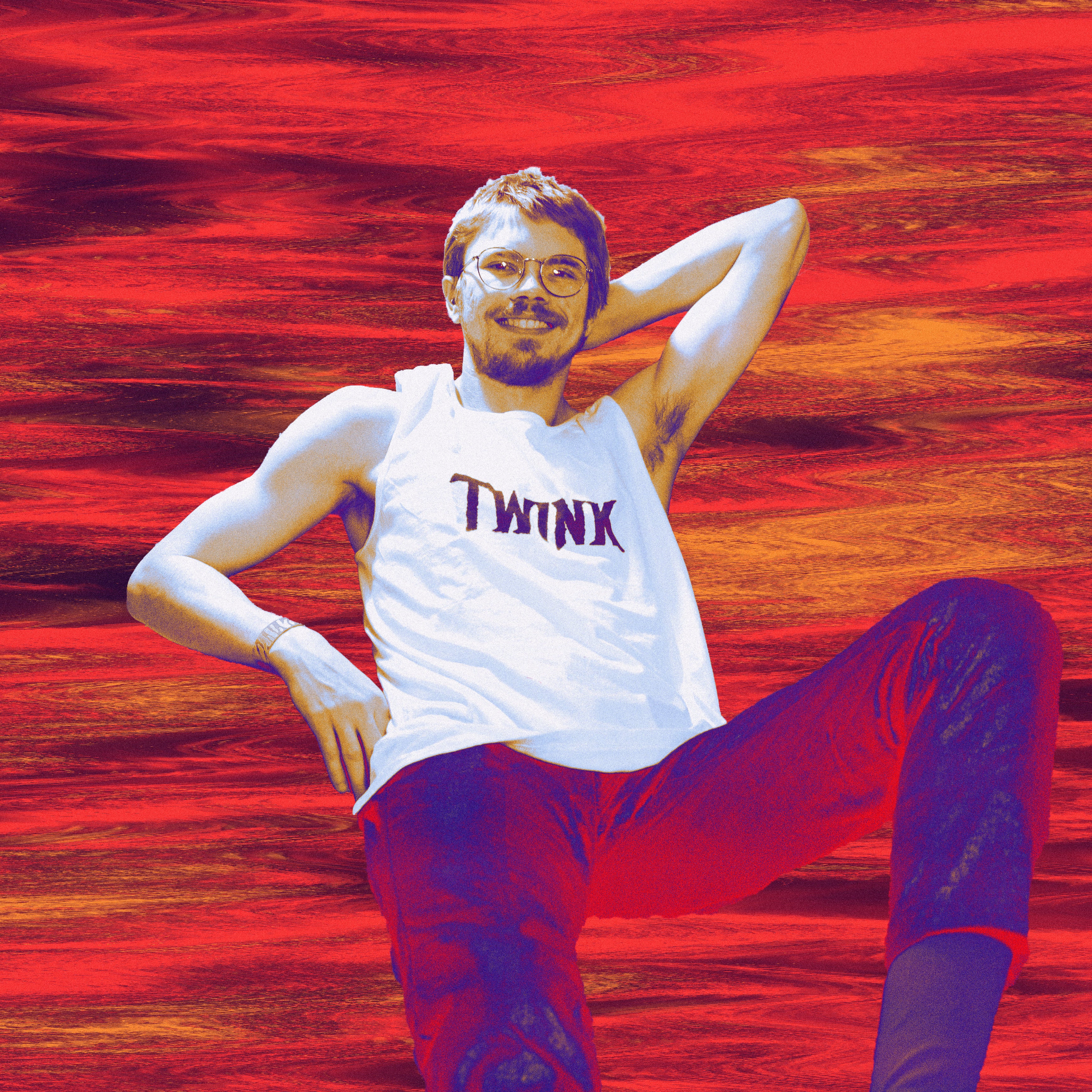 Person wearing a 'Twink' tank top against a red and orange abstract background